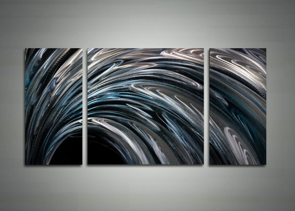 Modern Abstract Metal Wall Art - Sliver &amp; Blue 48x24in