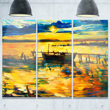boat and pier in yellow shade seascape painting canvas print PT7846