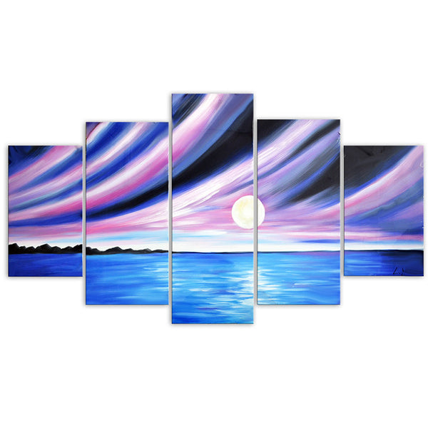 Blue Seascape with Purple Sky Oil Painting on Canvas 60x32 in