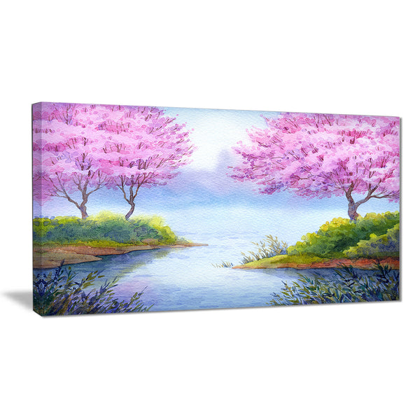 flowering trees over lake landscape canvas artwork PT6034
