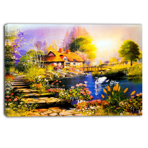 house near the lake swans landscape canvas artwork PT6086