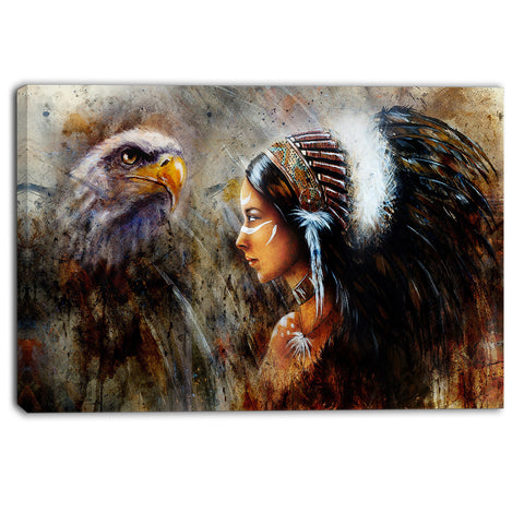 indian woman with feather headdress indian canvas artwork PT6088