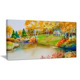 house and quiet pond in fall landscape canvas art print PT6158