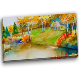 house and quiet pond in fall landscape canvas art print PT6158