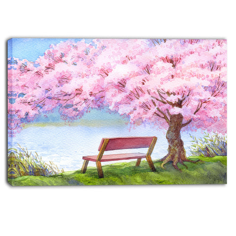 bench under flowering peach tree floral canvas print PT6235