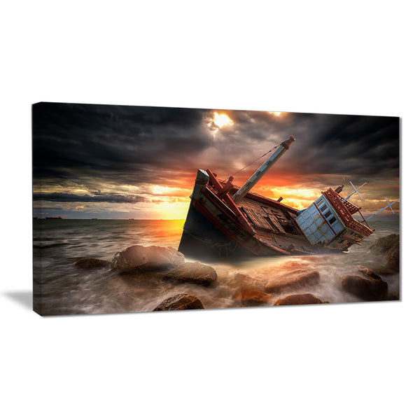 fishing boat beached landscape photography canvas print PT6452