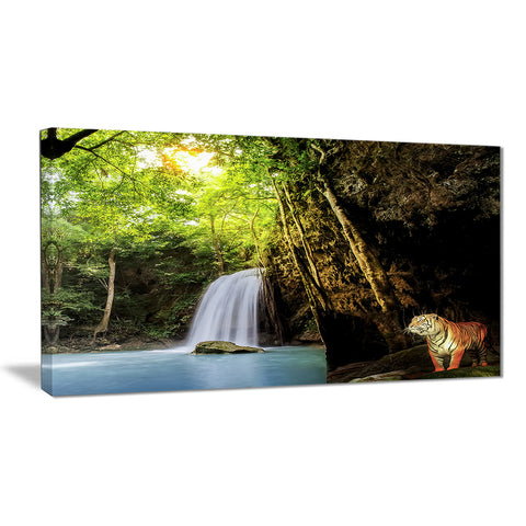 Tiger Watching Waterfall Landscape Photography Canvas Print