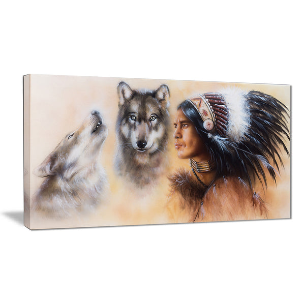 indian warrior with two wolves animal canvas art print PT6539