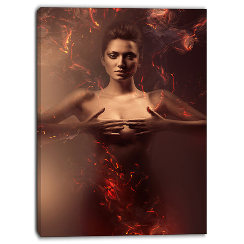 sensual nude woman in fire contemporary canvas art print PT6624