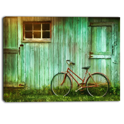 old bicycle against barn landscape photo canvas art print PT6706