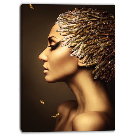 woman with gold feather hat contemporary canvas art print PT6891