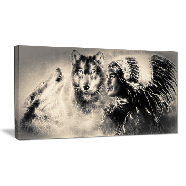indian warrior with wolves digital art canvas print PT7185