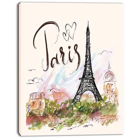 eiffel tower with paris scribbling digital art canvas print PT7349