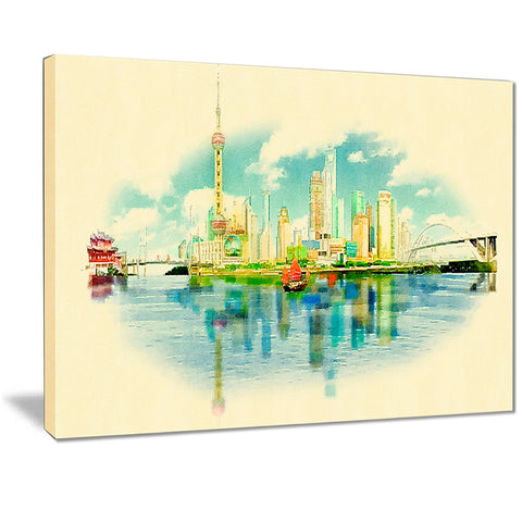 shanghai panoramic view cityscape watercolor canvas print PT7378