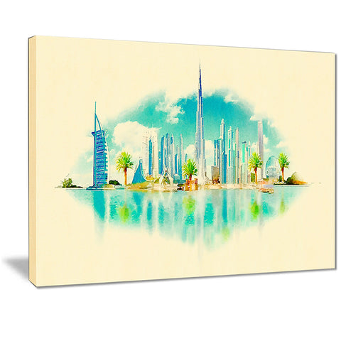 dubai panoramic view cityscape watercolor canvas print PT7388