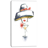woman with hat and cocktail watercolor portrait canvas print PT7423