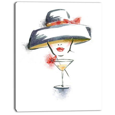 woman with hat and cocktail watercolor portrait canvas print PT7423