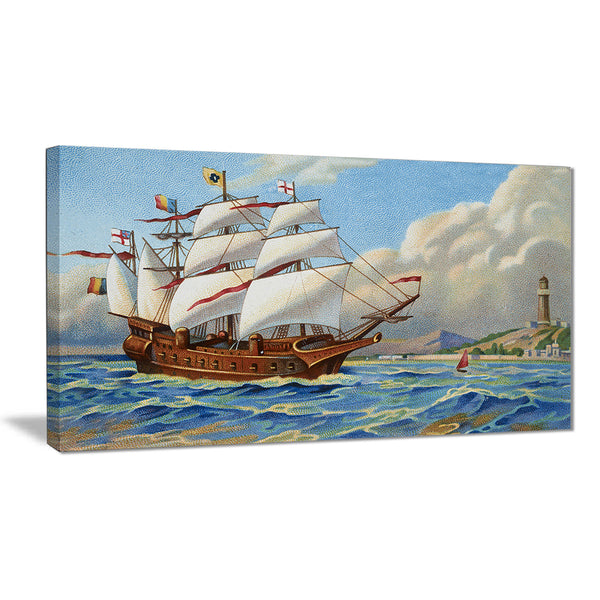 ancient boat drifting in sea seascape painting canvas print PT7481