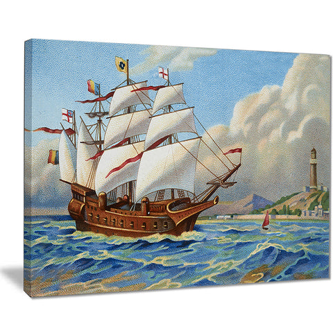 ancient boat drifting in sea seascape painting canvas print PT7481