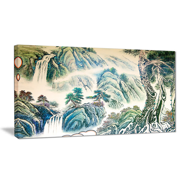 blue chinese landscape painting floral canvas art print PT7493