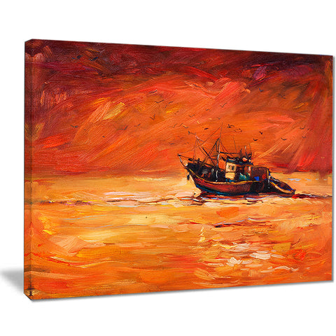 fishing boat in red hue seascape panting canvas print PT7624