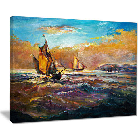 boats in roaring sea seascape painting canvas print PT7626