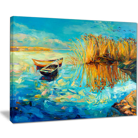 colorful lake with boats seascape painting canvas print PT7833