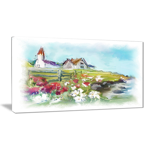 buildings in green meadow landscape painting canvas print PT8246