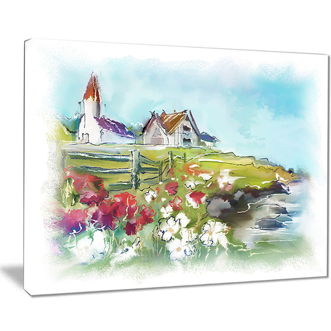 buildings in green meadow landscape painting canvas print PT8246